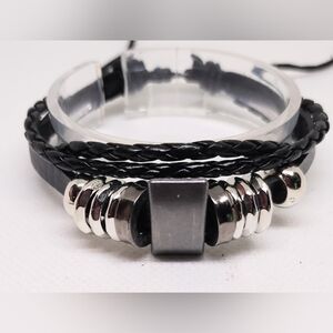Men's Bracelet Leather‎ Braided Layered Black New f42